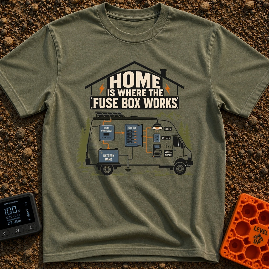 Where The Fuse Works - T-Shirt in Moss - A graphic of a camper van with an internal wiring diagram showing solar panels,...