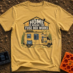 Where The Fuse Works - T-Shirt in Mustard - A graphic of a camper van with an internal wiring diagram showing solar...