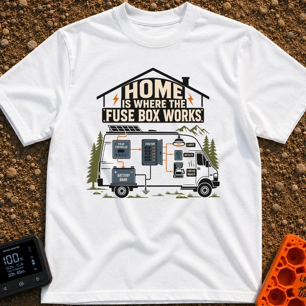 Where The Fuse Works - T-Shirt in White - A graphic of a camper van with an internal wiring diagram showing solar panels,...