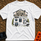 Where The Fuse Works - T-Shirt in White - A graphic of a camper van with an internal wiring diagram showing solar panels,...