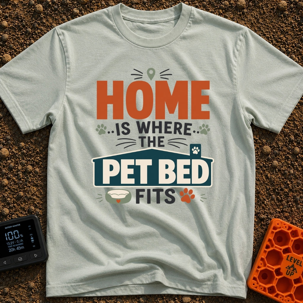 Where The Pet Fits - T-Shirt in Bay - A typographic design reading "HOME IS WHERE THE PET BED FITS" featuring paw prints,...