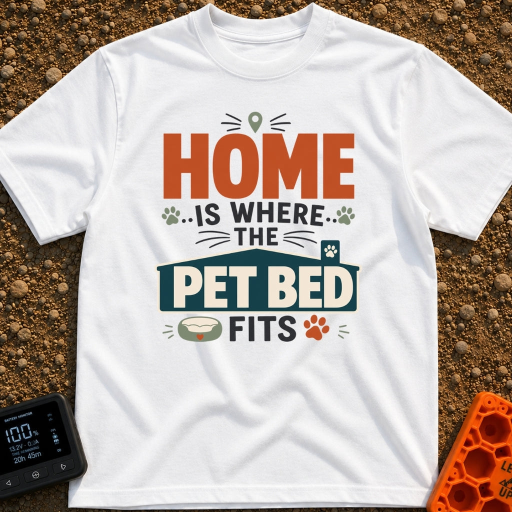 Where The Pet Fits - T-Shirt in White - A typographic design reading "HOME IS WHERE THE PET BED FITS" featuring paw...