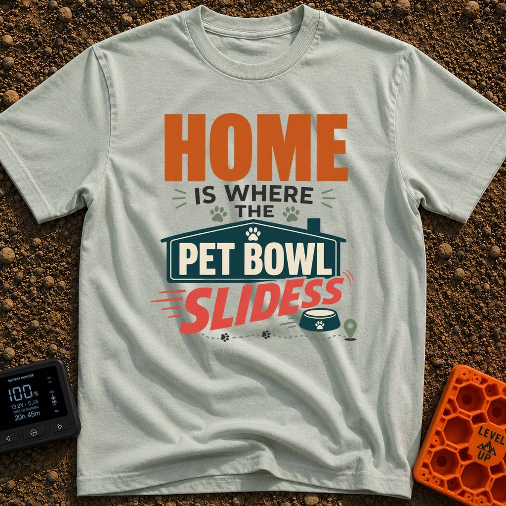 Where Pet Bowls Slide - T-Shirt in Bay - A typographic design featuring the text "HOME IS WHERE THE PET BOWL SLIDESS"...