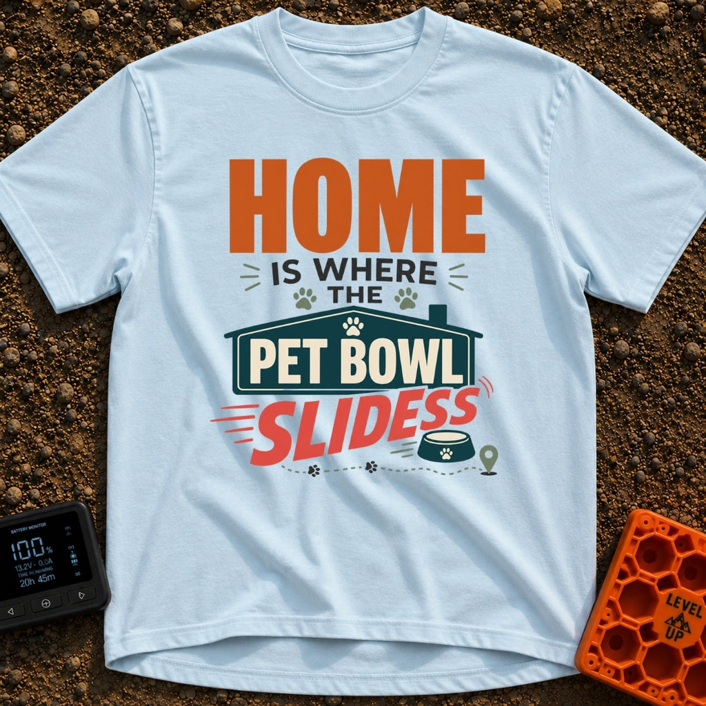 Where Pet Bowls Slide - T-Shirt in Chambray - A typographic design featuring the text "HOME IS WHERE THE PET BOWL...