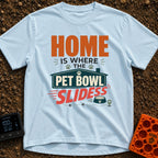 Where Pet Bowls Slide - T-Shirt in Chambray - A typographic design featuring the text "HOME IS WHERE THE PET BOWL...