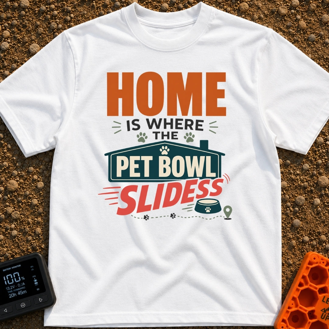 Where Pet Bowls Slide - T-Shirt in White - A typographic design featuring the text "HOME IS WHERE THE PET BOWL SLIDESS"...