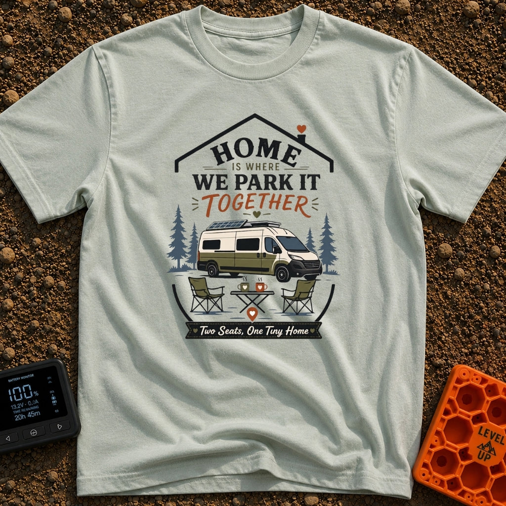 Parked Together Forever - T-Shirt in Bay - A graphic of a white and green camper van with a roof-mounted solar panel...