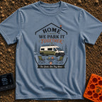Parked Together Forever - T-Shirt in Blue Jean - A graphic of a white and green camper van with a roof-mounted solar...