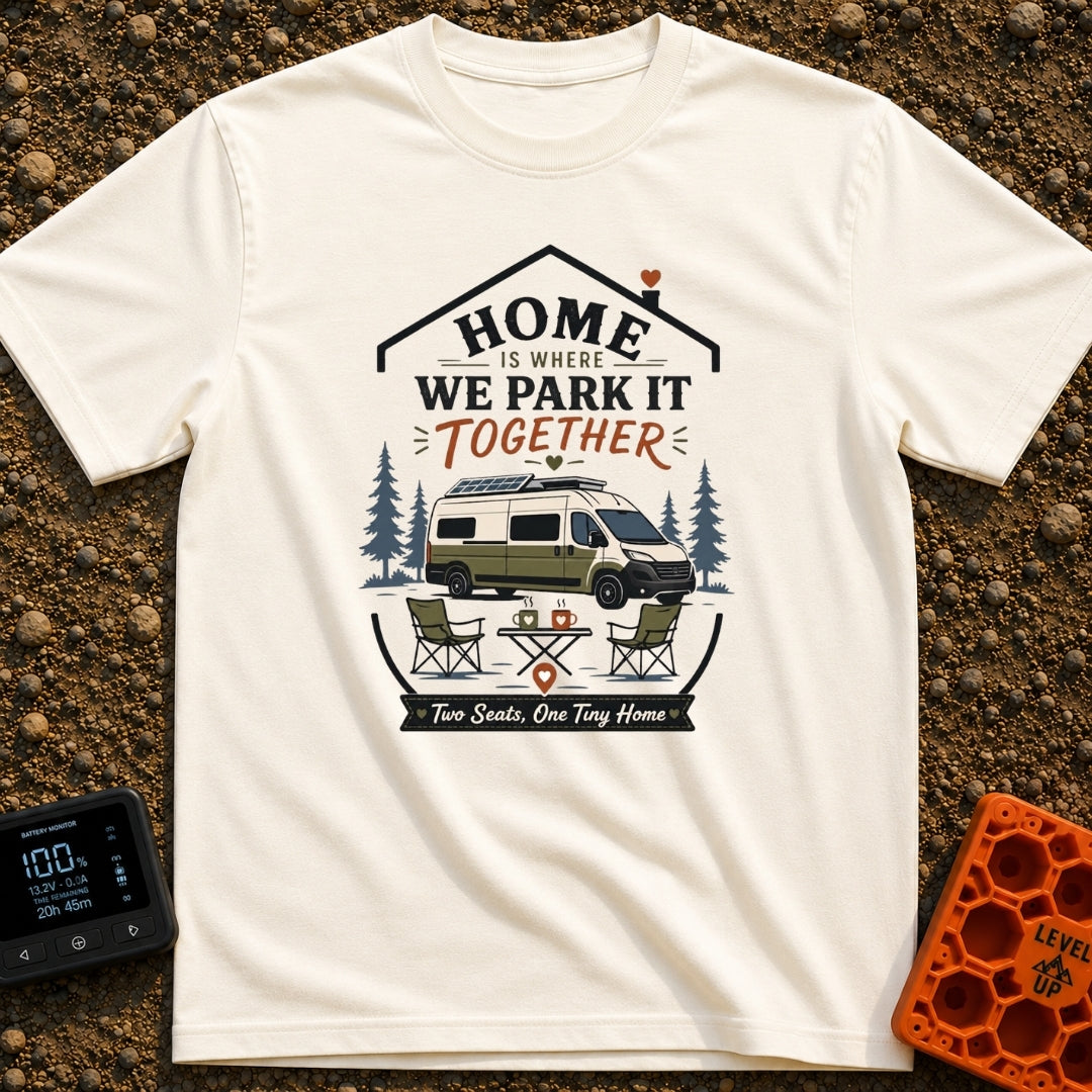 Parked Together Forever - T-Shirt in Ivory - A graphic of a white and green camper van with a roof-mounted solar panel...
