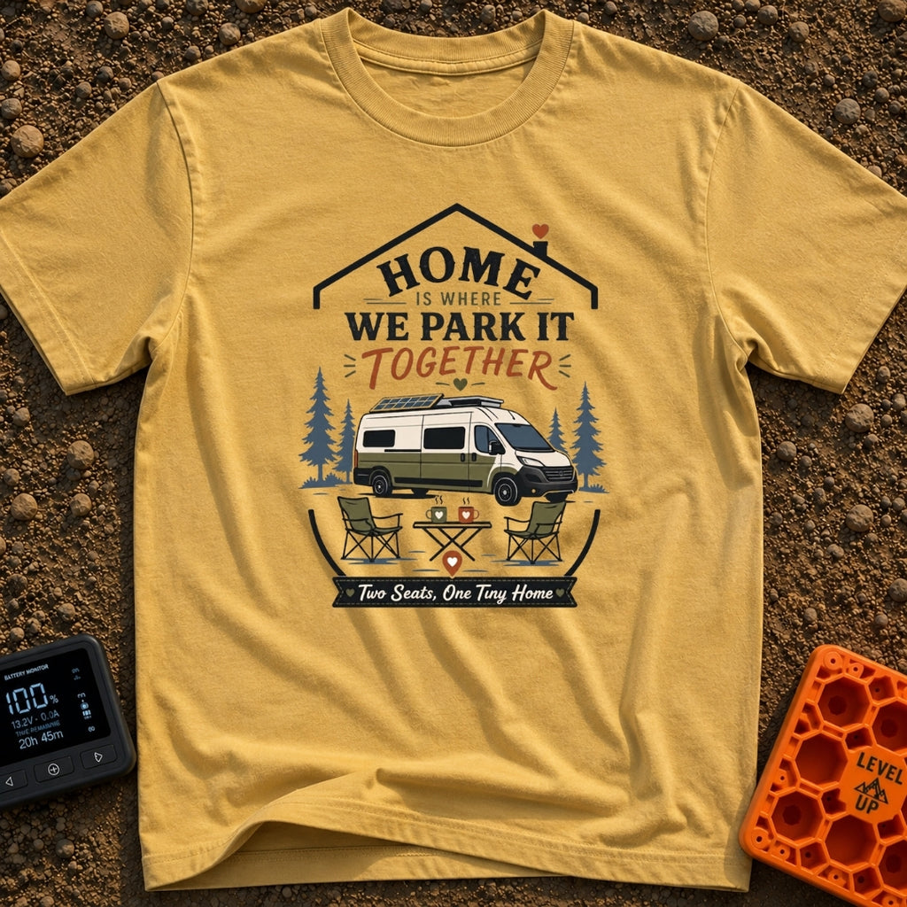Parked Together Forever - T-Shirt in Mustard - A graphic of a white and green camper van with a roof-mounted solar panel...