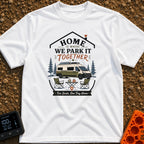Parked Together Forever - T-Shirt in White - A graphic of a white and green camper van with a roof-mounted solar panel...
