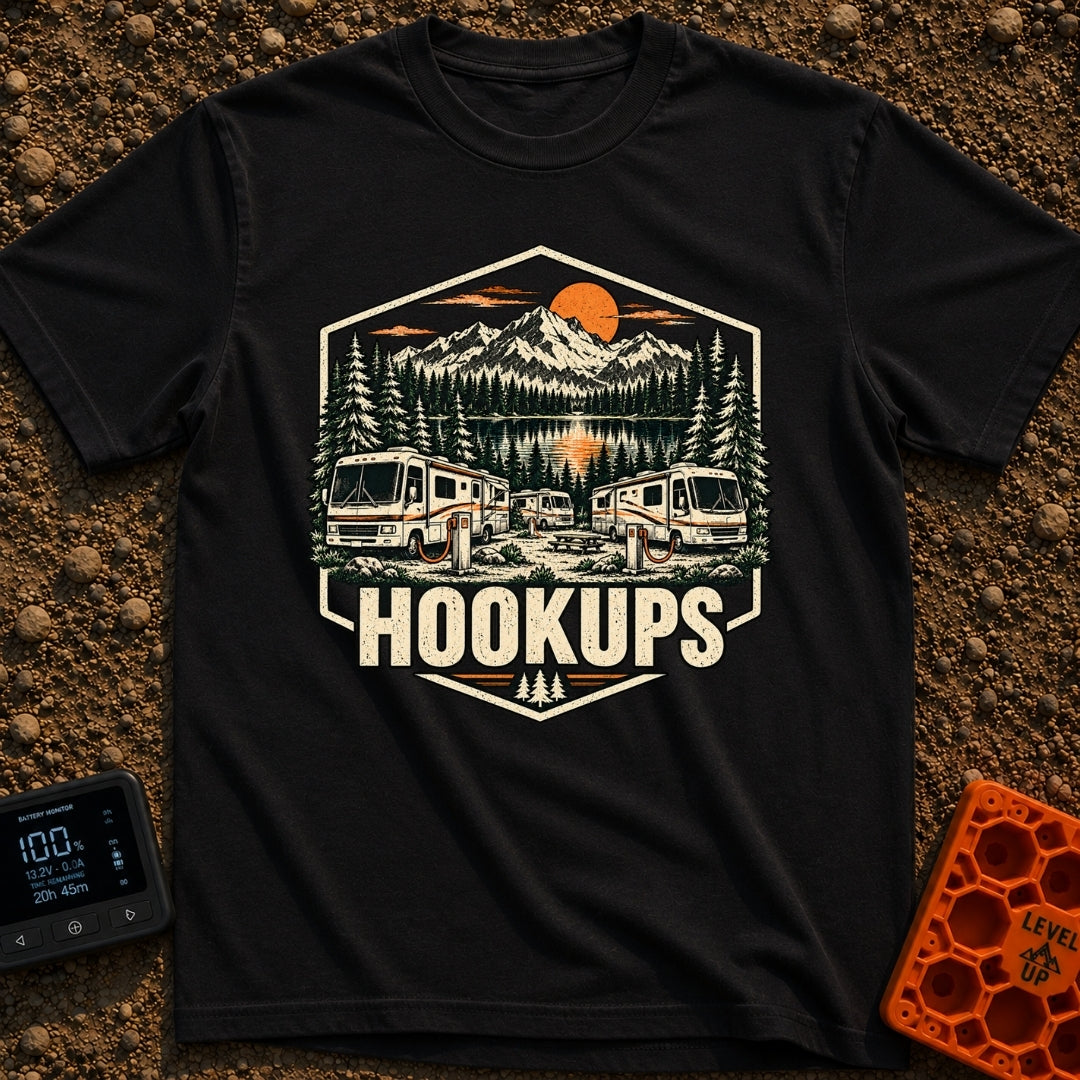 Looking For Hookups - T-Shirt in Black - A vintage-style illustration of three Class A motorhomes parked at a campsite,...
