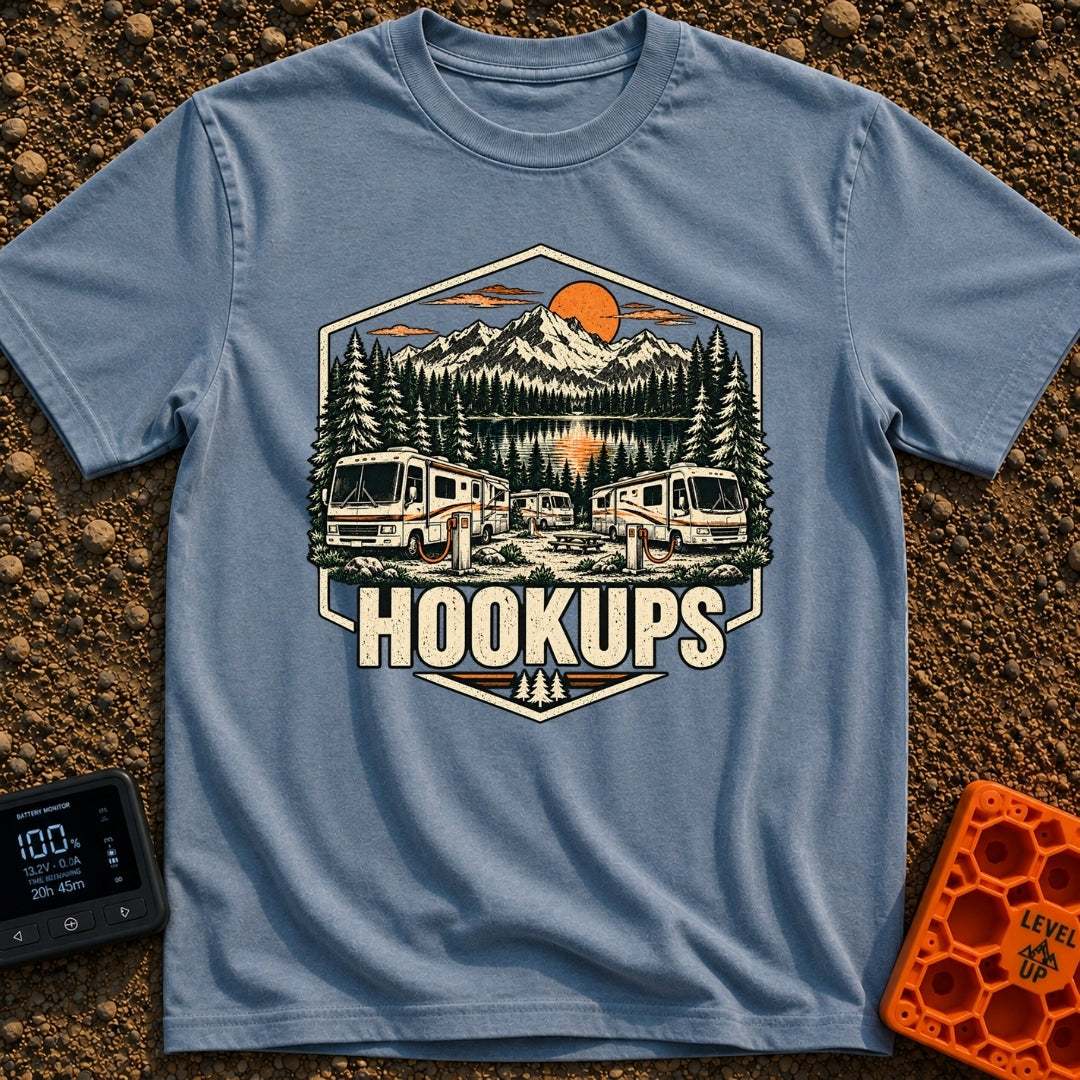 Looking For Hookups - T-Shirt in Blue Jean - A vintage-style illustration of three Class A motorhomes parked at a...