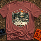 Looking For Hookups - T-Shirt in Brick - A vintage-style illustration of three Class A motorhomes parked at a campsite,...