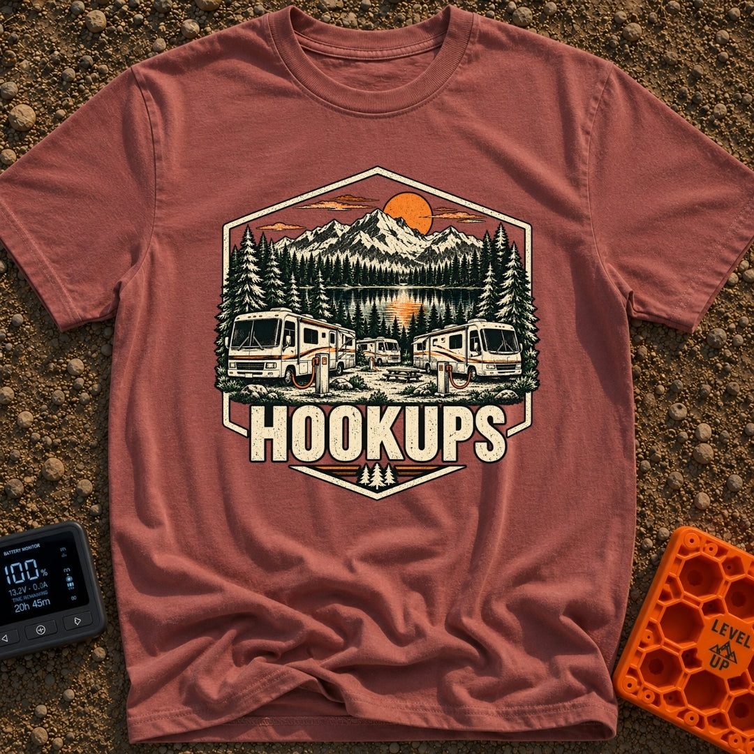 Looking For Hookups - T-Shirt in Brick - A vintage-style illustration of three Class A motorhomes parked at a campsite,...