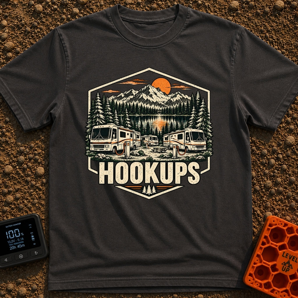 Looking For Hookups - T-Shirt in Graphite - A vintage-style illustration of three Class A motorhomes parked at a...