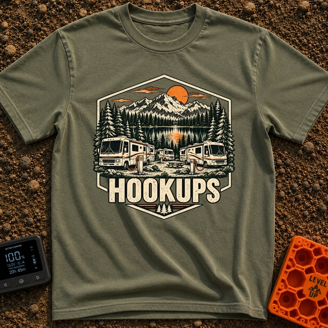 Looking For Hookups - T-Shirt in Moss - A vintage-style illustration of three Class A motorhomes parked at a campsite,...