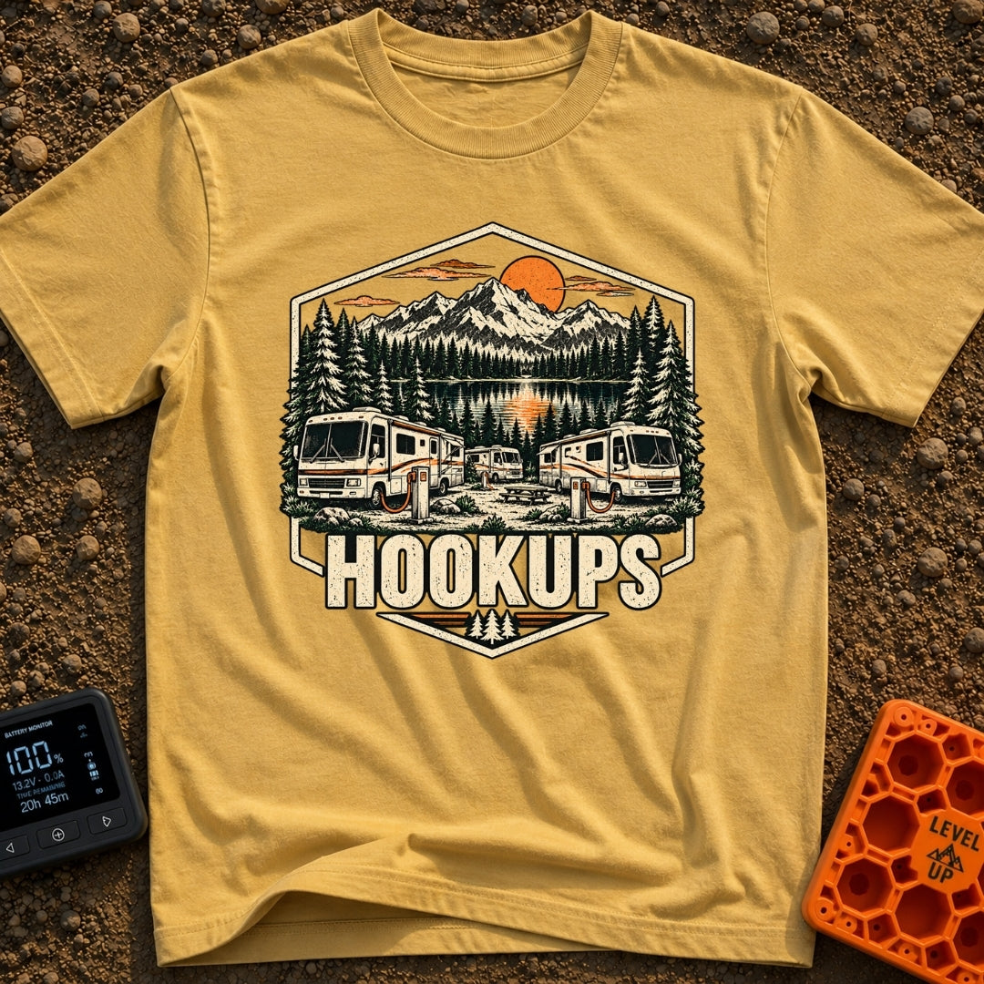 Looking For Hookups - T-Shirt in Mustard - A vintage-style illustration of three Class A motorhomes parked at a campsite,...