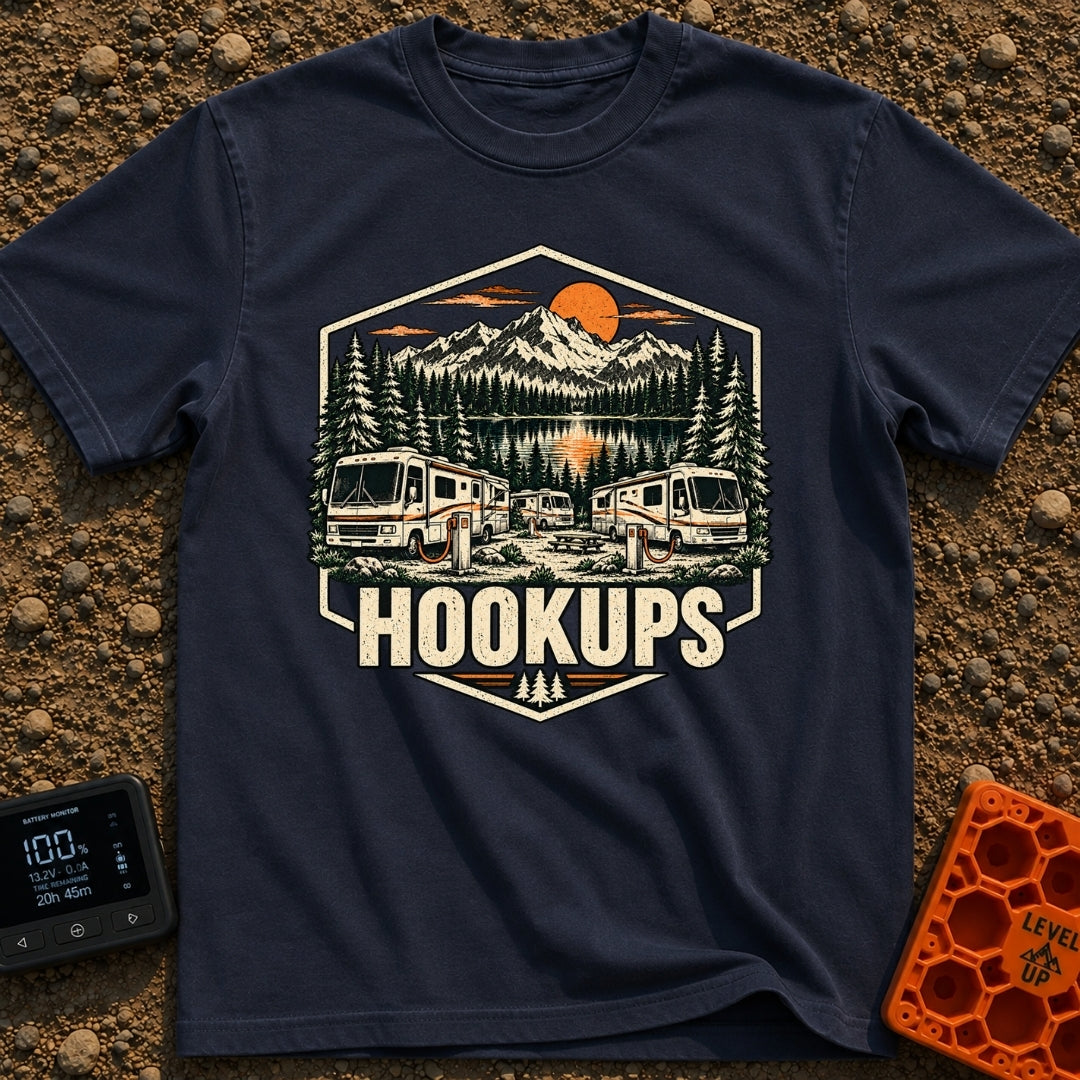 Looking For Hookups - T-Shirt in Navy - A vintage-style illustration of three Class A motorhomes parked at a campsite,...