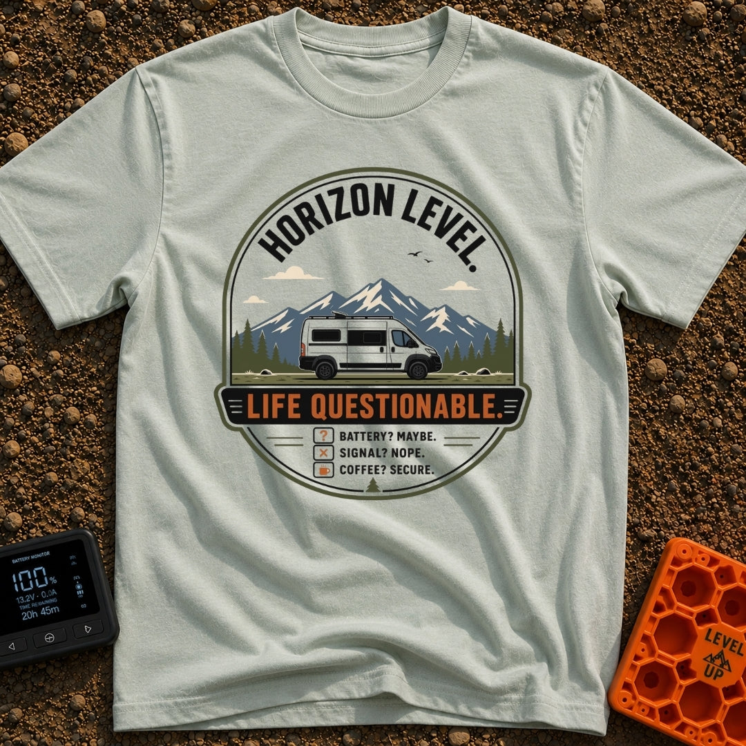 Horizon Level Questionable - T-Shirt in Bay - A circular badge design featuring a white camper van parked in front of a...