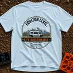 Horizon Level Questionable - T-Shirt in Chambray - A circular badge design featuring a white camper van parked in front...