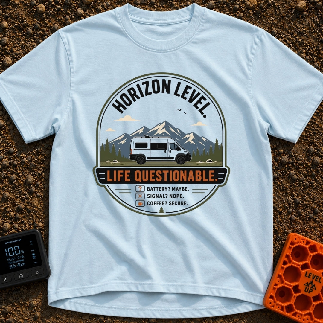 Horizon Level Questionable - T-Shirt in Chambray - A circular badge design featuring a white camper van parked in front...