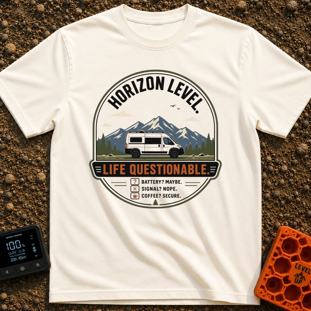 Horizon Level Questionable - T-Shirt in Ivory - A circular badge design featuring a white camper van parked in front of a...
