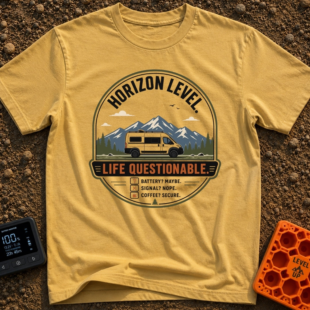 Horizon Level Questionable - T-Shirt in Mustard - A circular badge design featuring a white camper van parked in front of...