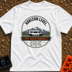 Horizon Level Questionable - T-Shirt in White - A circular badge design featuring a white camper van parked in front of a...