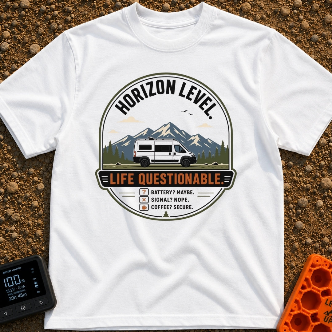 Horizon Level Questionable - T-Shirt in White - A circular badge design featuring a white camper van parked in front of a...