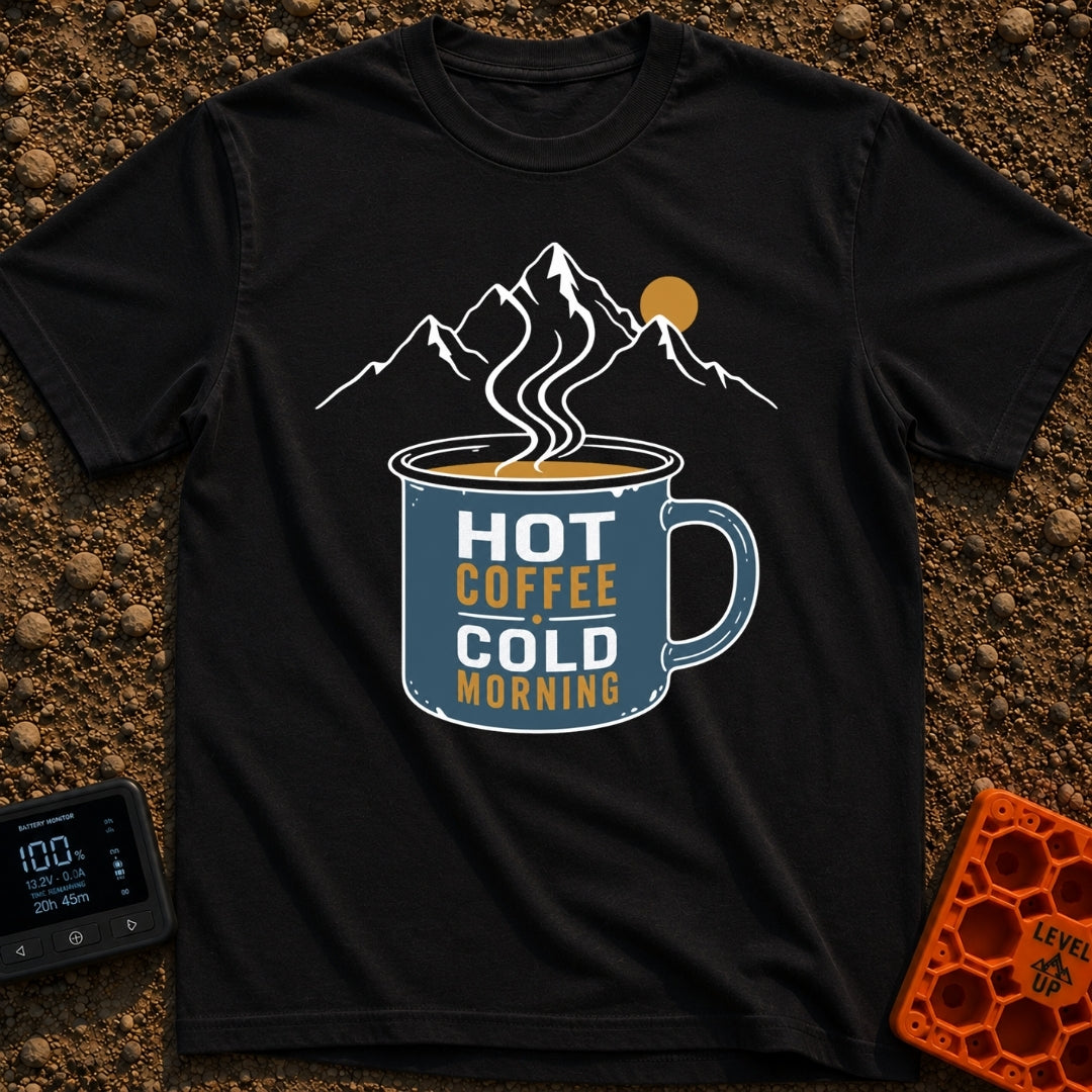 Hot Coffee Cold Morning - T-Shirt in Black - A graphic of a blue enamel camp mug filled with steaming coffee, featuring...