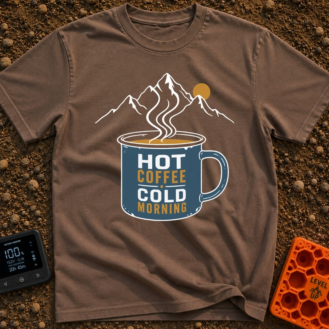 Hot Coffee Cold Morning - T-Shirt in Espresso - A graphic of a blue enamel camp mug filled with steaming coffee,...