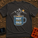 Hot Coffee Cold Morning - T-Shirt in Graphite - A graphic of a blue enamel camp mug filled with steaming coffee,...