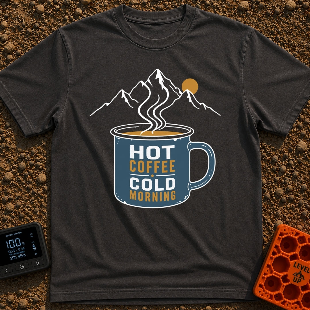 Hot Coffee Cold Morning - T-Shirt in Graphite - A graphic of a blue enamel camp mug filled with steaming coffee,...