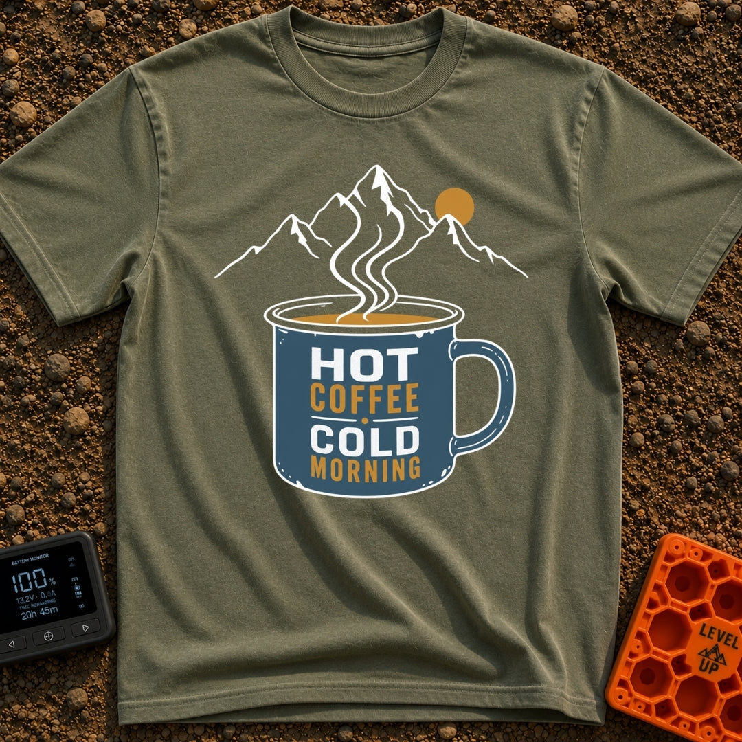 Hot Coffee Cold Morning - T-Shirt in Moss - A graphic of a blue enamel camp mug filled with steaming coffee, featuring...