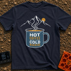Hot Coffee Cold Morning - T-Shirt in Navy - A graphic of a blue enamel camp mug filled with steaming coffee, featuring...