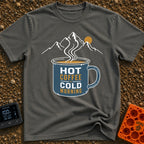 Hot Coffee Cold Morning - T-Shirt in Pepper - A graphic of a blue enamel camp mug filled with steaming coffee, featuring...