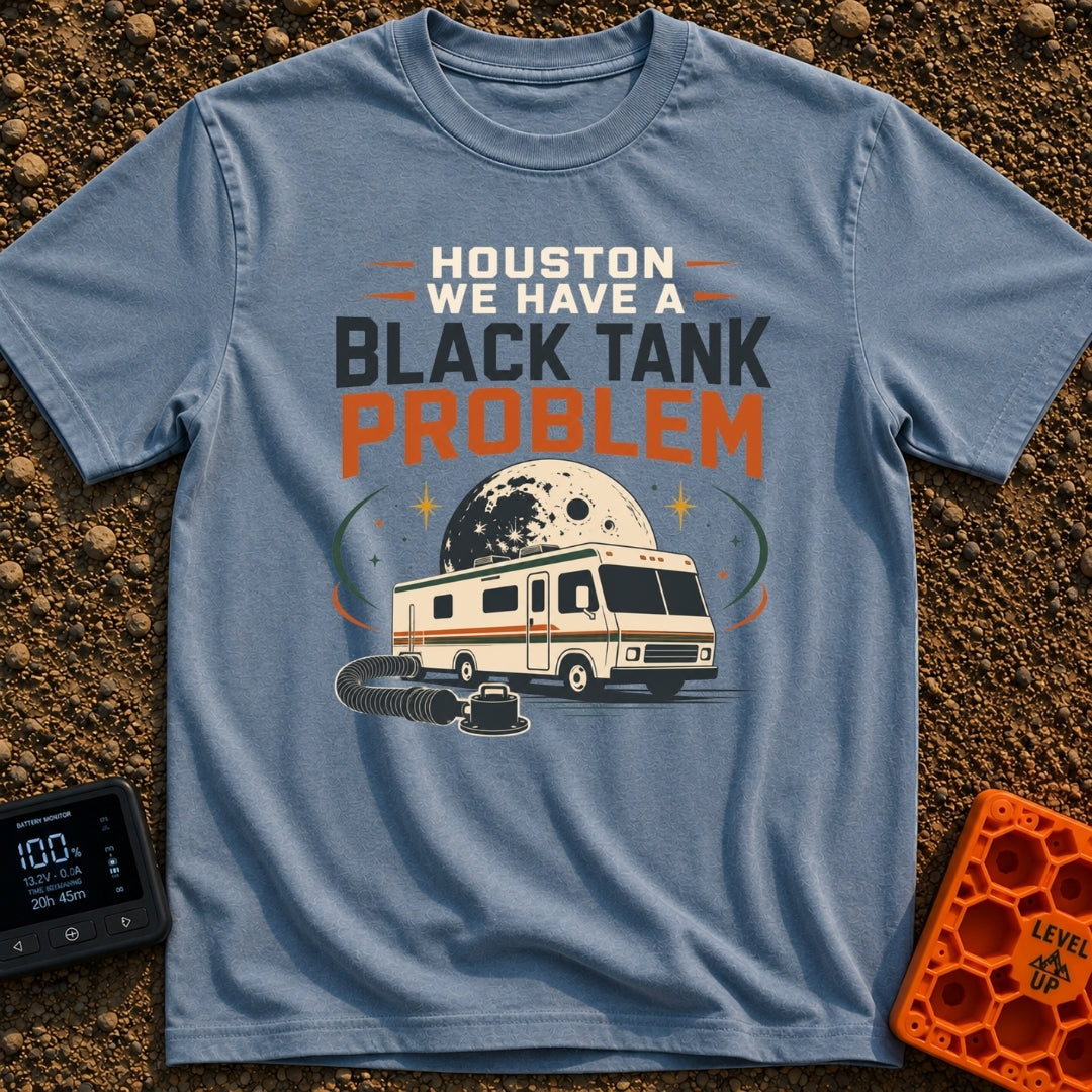 Houston Black Tank Problem - T-Shirt in Blue Jean - A graphic illustration of a classic motorhome parked with a black...