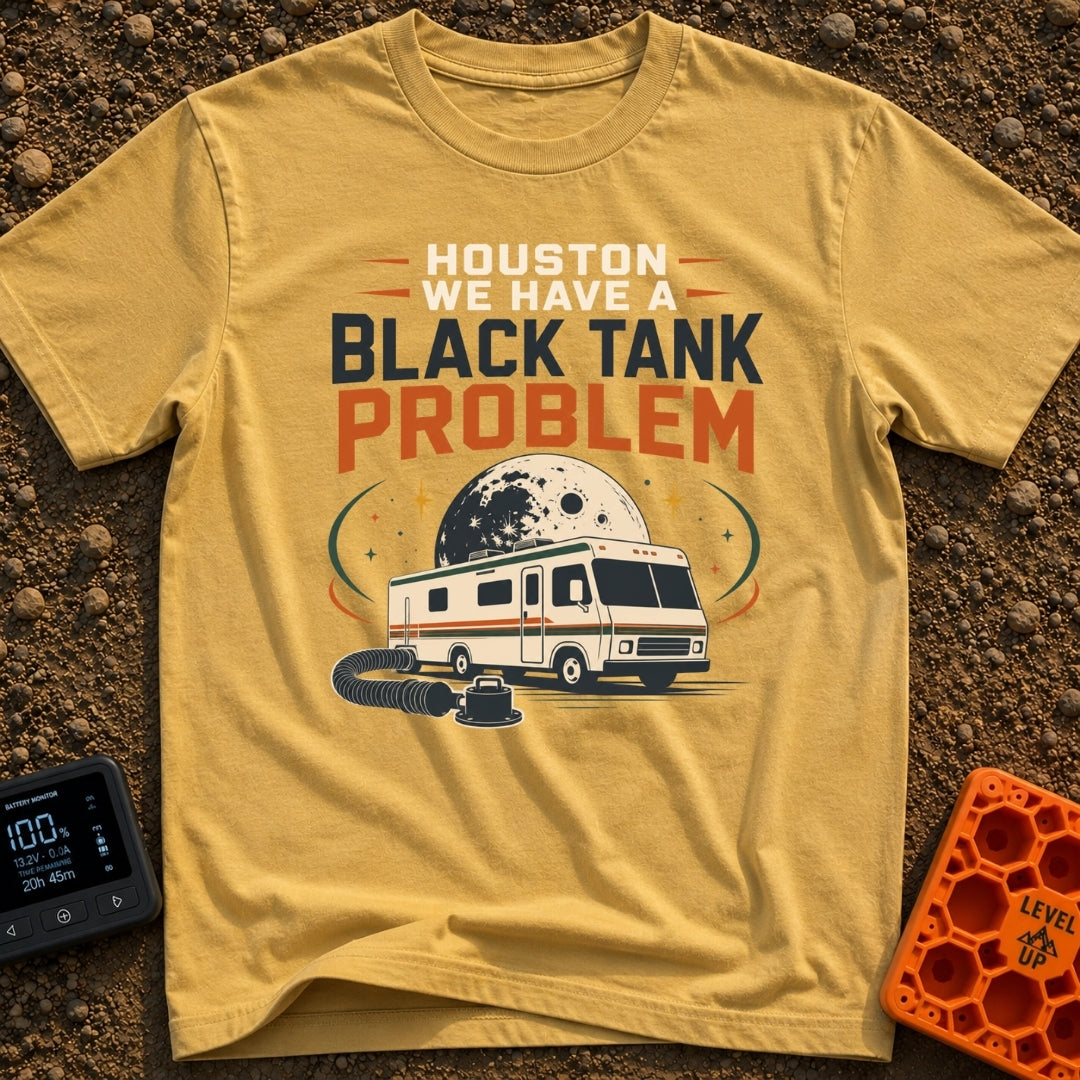 Houston Black Tank Problem - T-Shirt in Mustard - A graphic illustration of a classic motorhome parked with a black sewer...