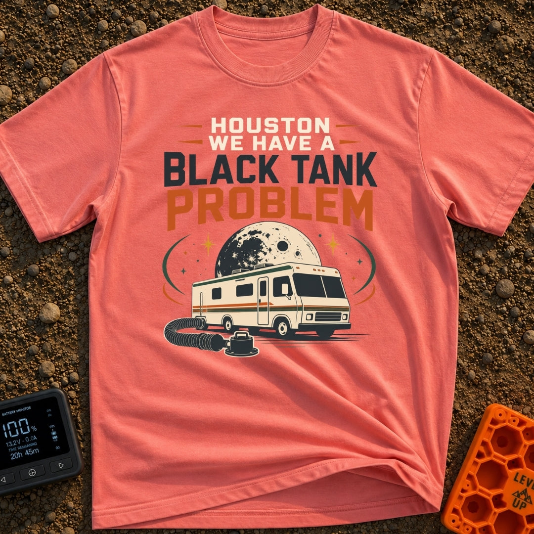 Houston Black Tank Problem - T-Shirt in Watermelon - A graphic illustration of a classic motorhome parked with a black...