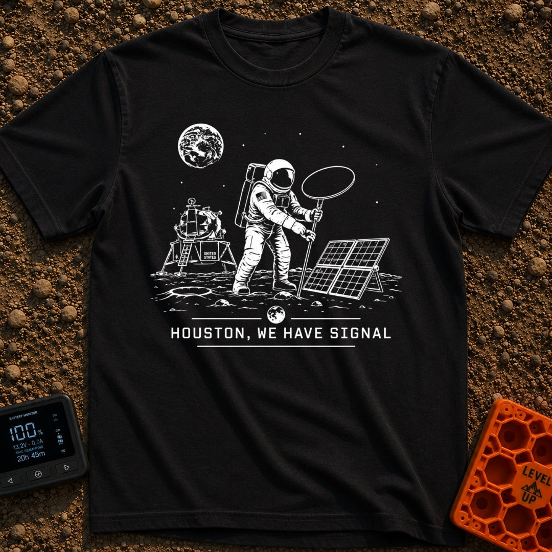 Houston We Have Bars - T-Shirt in Black - A black and white line-art illustration of an astronaut on the moon holding up...