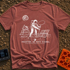 Houston We Have Bars - T-Shirt in Brick - A black and white line-art illustration of an astronaut on the moon holding up...