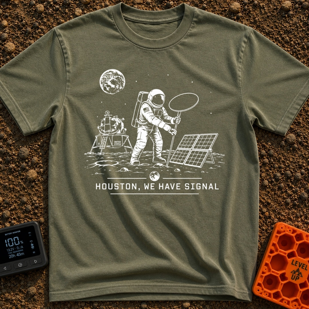 Houston We Have Bars - T-Shirt in Moss - A black and white line-art illustration of an astronaut on the moon holding up a...
