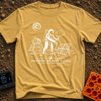 Houston We Have Bars - T-Shirt in Mustard - A black and white line-art illustration of an astronaut on the moon holding...