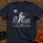 Houston We Have Bars - T-Shirt in Navy - A black and white line-art illustration of an astronaut on the moon holding up a...