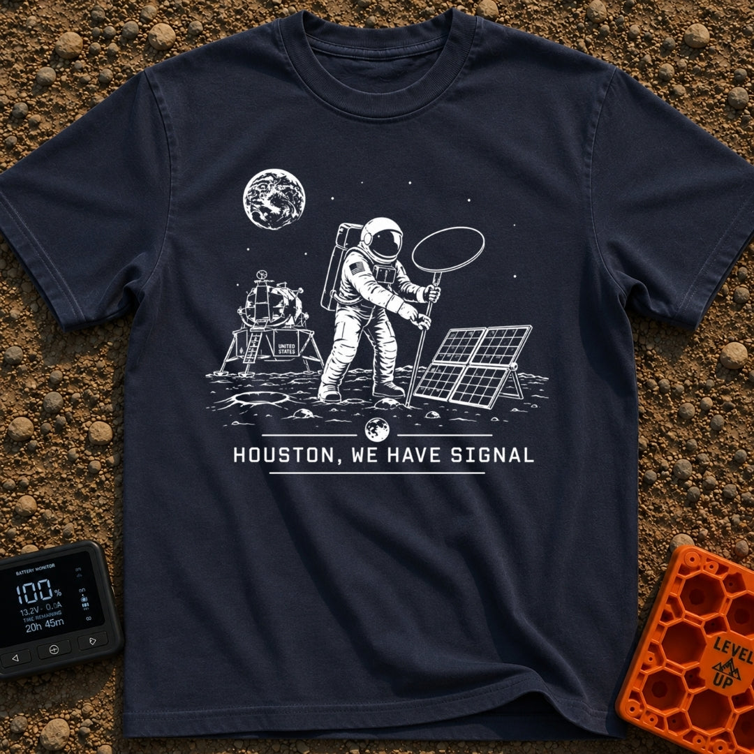 Houston We Have Bars - T-Shirt in Navy - A black and white line-art illustration of an astronaut on the moon holding up a...