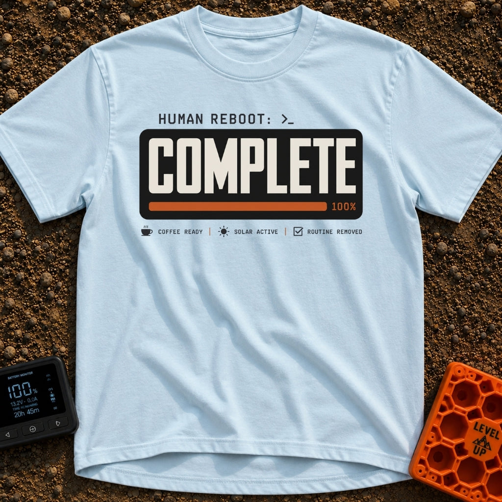 Human Reboot Complete - T-Shirt in Chambray - A graphic mimicking a computer terminal interface with the text "HUMAN...