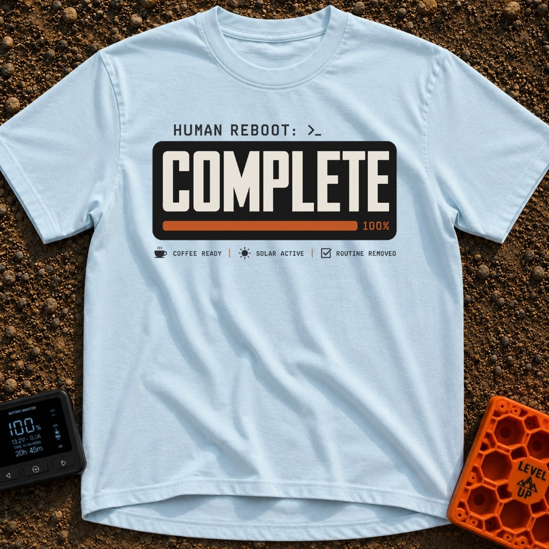 Human Reboot Complete - T-Shirt in Chambray - A graphic mimicking a computer terminal interface with the text "HUMAN...
