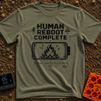Ctrl Alt Escape - T-Shirt in Moss - A distressed black and white graphic featuring a large horizontal battery outline...