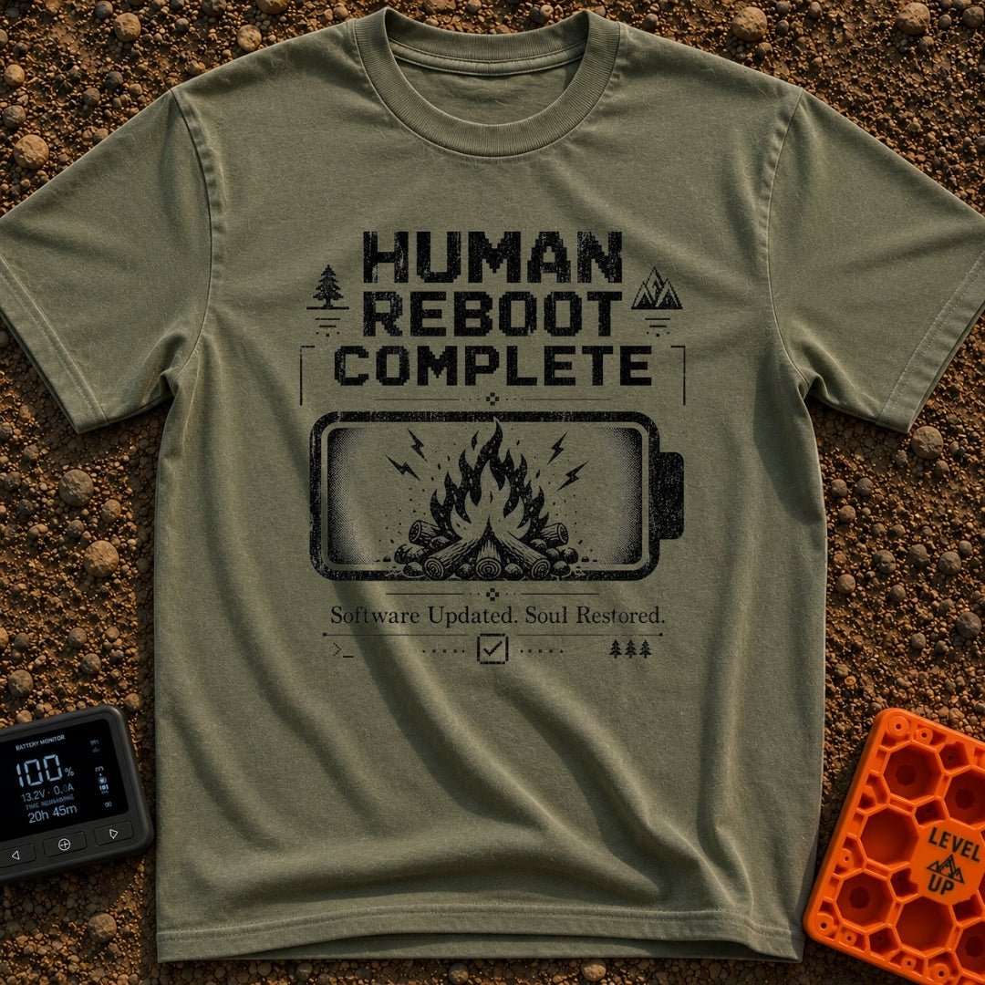 Ctrl Alt Escape - T-Shirt in Moss - A distressed black and white graphic featuring a large horizontal battery outline...